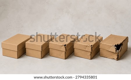 A line of five rectangular cardboard delivery packages showing a visual progression of corner damage, representing the shipping and logistics handling process lifecycle