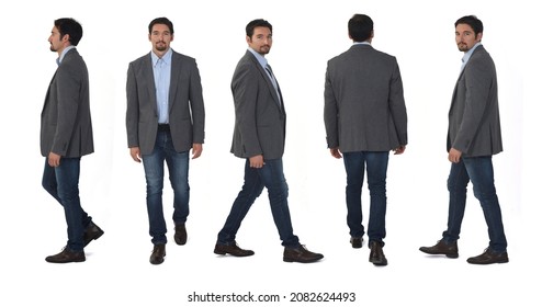 line of front, back and side view  of same man walking on white backgruound