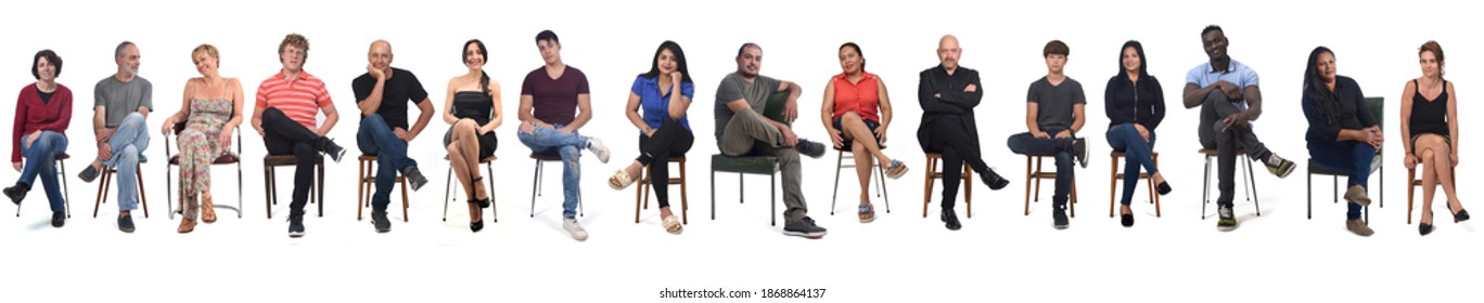 Line Of A Front View Of A Group Of People Wiith Legs Crossed On White Background