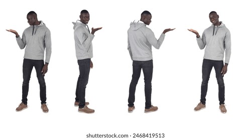 line of a group of same man showing an imaginary object in her hand on white background. 