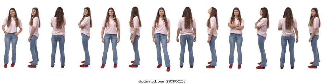 line of group of same young girl standing on white background - Powered by Shutterstock