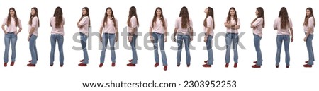 line of group of same young girl standing on white background