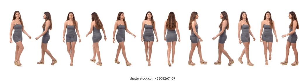 line of large group of same young girl walking on white bacground