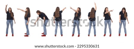 line of large group of same young girl pointing on white background