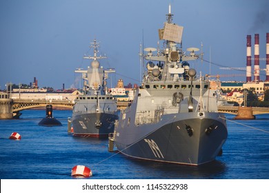 A Line Of Modern Russian Military Naval Battleships Warships In The Row, Northern Fleet And Baltic Sea Fleet
