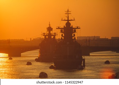 A Line Of Modern Russian Military Naval Battleships Warships In The Row, Northern Fleet And Baltic Sea Fleet
