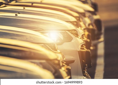 Line Of Modern Vehicles Closeup. Automotive Business Theme. Car Dealership Parking Lot. 