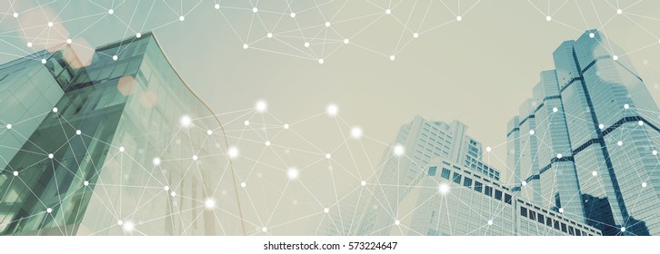 Line of network connection with cityscape in background. Smart city community connection concept. Freedom connect to the world by hi-technology. Easy life style connecting people.