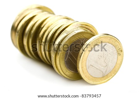 Line of one euro coins over white