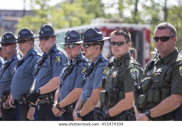 A Line of Police Officers at\
Republican National Convention / A Line of Police Officers at\
Republican National Convention / Cleveland OH, USA - July 19,\
2016: