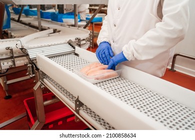 Line For The Production Of Semi-finished Meat Products.Meat Processing In Food Industry.Packing Of Meat Slices In Boxes On A Conveyor Belt.modern Poultry Processing Plant.