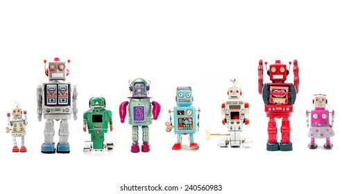 a line of retro robots