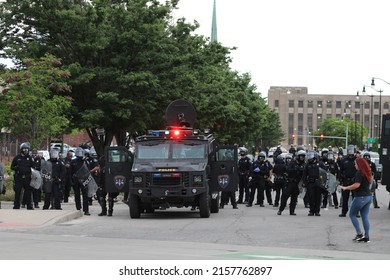 A Line Of Riot Police Confront Protesters At The George Floyd Demonstration In Detroit On 6-1-2020