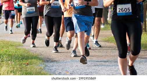 A line of runners legs in shorts and spandex running a 5K on a dirt path in a crowded race.