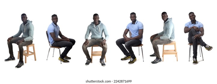 line of same african man sitting on stool  and chair on white background - Shutterstock ID 2242871699