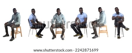 line of same african man sitting on stool  and chair on white background
