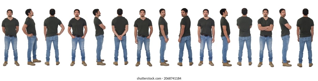 line of same man with various poses on white background - Shutterstock ID 2068741184