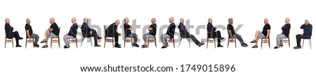 line of same man view in various outfits sitting on white background, side view