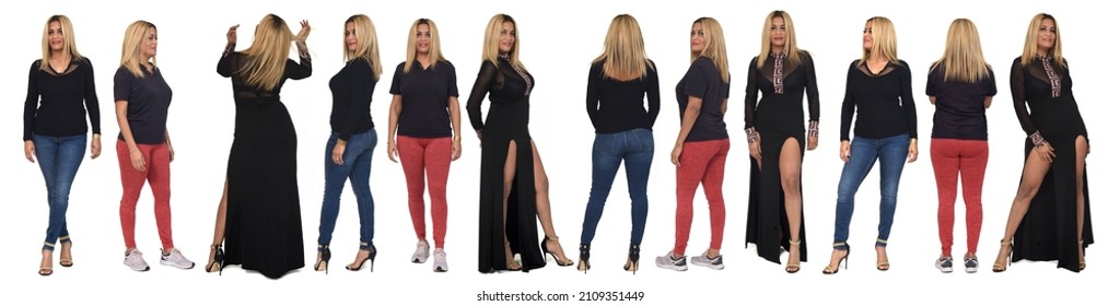 Line Of The Same Woman Dressed In Different Outfits On White Background