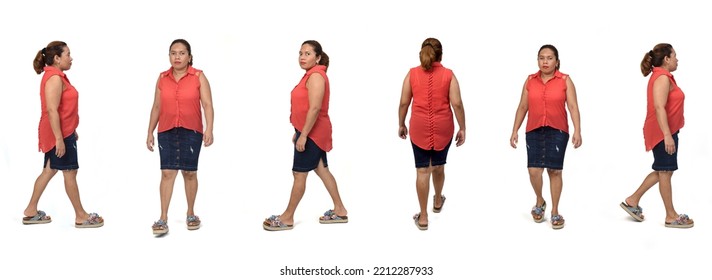 Line Of Same Woman Walking On White Background