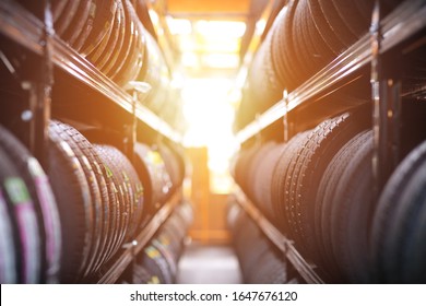  Line Of Tires In Tire Warehouse Of Garage