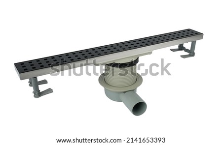 Linear shower drain system. With grate. Drainage at bathroom,white background

