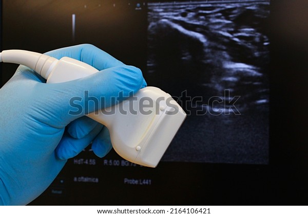 Linear ultrasound\
diagnostic probe held in doctor hand in blue glove, B-mode\
structure of wrist and median nerve for carpal tunnel syndrome\
diagnostics in\
background.