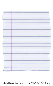 Lined loose leaf notebook paper ripped rectangle isolated on white for school, education, journaling, or writing themes
