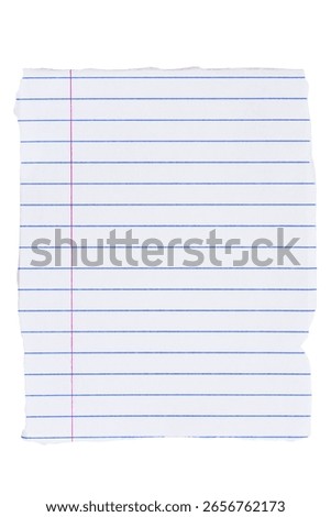Lined loose leaf notebook paper ripped rectangle isolated on white for school, education, journaling, or writing themes