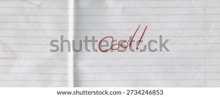 Lined notebook paper background with handwritten word Cool and number five in red pencil. Minimalist textured stationery surface, school notebook page — highest score