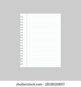Lined Notebook Paper Sheet with Left Spiral Torn Edge and Red Margin Vector