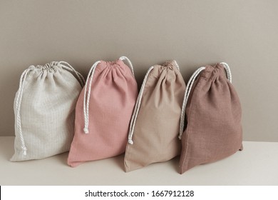 Linen Bags With Drawstring, Small Eco Sack Made From Natural Cotton Fabric Cloth. Sustainable Reusable Bags