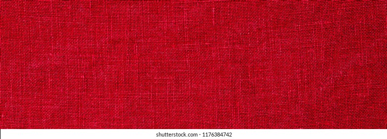 Linen Fabric Crumpled Texture, Copy Space Banner. Stone Washed Pure Linen Red Background