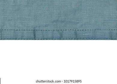 Linen Fabric Frame With Double Seam Isolated On White Background, Text Place, Copy Space.   Stone Washed Petrol Blue Pure Linen Background 