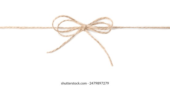 Linen rope string with bow isolated on white, top view
