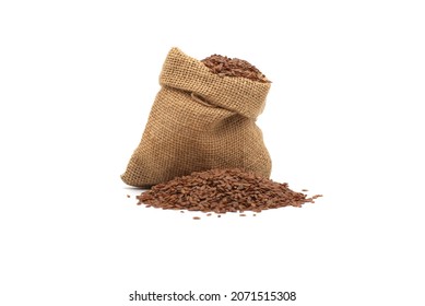 Linen seed, also known as Linseed, Flaxseed and Common Flax in a hessian sack isolated on white