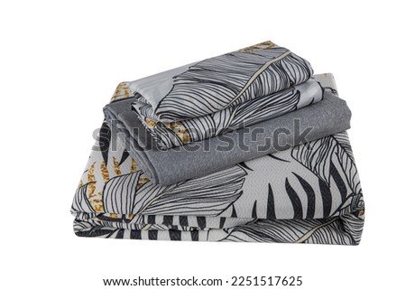 Linens set. Bedding set isolated on white. Set with stacks of clean bed linen on white background. Banner design.
