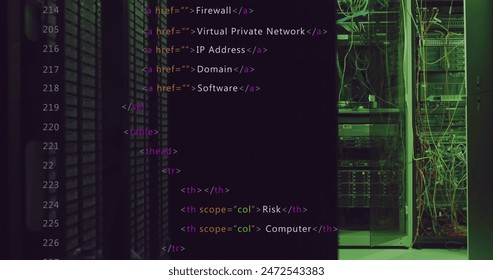 Lines of code overlaying dimly lit server room with numerous cables and equipment. Background shows complex network setup with servers and wiring, indicating a high-tech environment - Powered by Shutterstock - Get 15% off with code: PIKWIZARD15