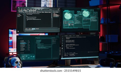Lines of code running on computer monitors in empty room used by cybercriminal stealing sensitive information. Dangerous scripts on PC used for threatening network systems, panning shot - Powered by Shutterstock - Get 15% off with code: PIKWIZARD15