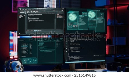 Lines of code running on computer monitors in empty room used by cybercriminal stealing sensitive information. Dangerous scripts on PC used for threatening network systems, panning shot