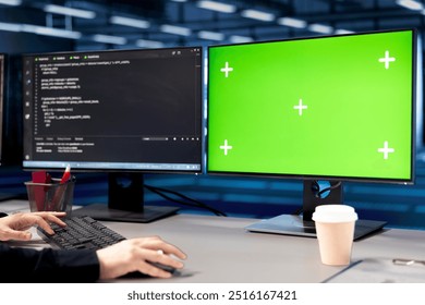 Lines of code running on isolated screen computers displays in data center, used for troubleshooting rackmounts in server rows. Close up of programming scripts on chroma key PC monitors in server hub - Powered by Shutterstock - Get 15% off with code: PIKWIZARD15