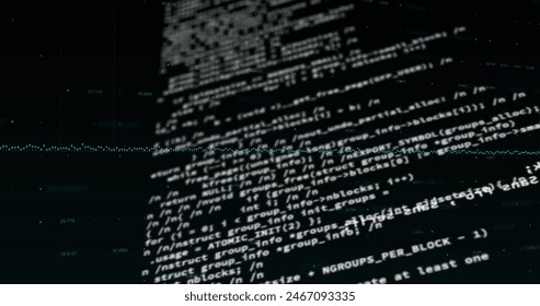 Lines of computer code are displayed on dark screen with a greenish hue. The background shows additional lines of code and a grid pattern, creating a high-tech atmosphere - Powered by Shutterstock - Get 15% off with code: PIKWIZARD15