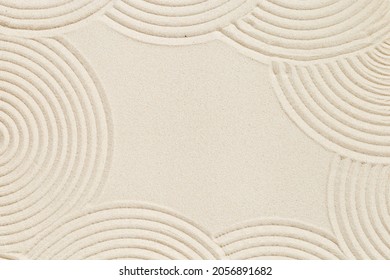 Lines Drawing On Sand, Beautiful Sandy Texture. Spa Background, Concept For Meditation And Relaxation. Concentration And Spirituality In Japanese Zen Garden. View From Above.