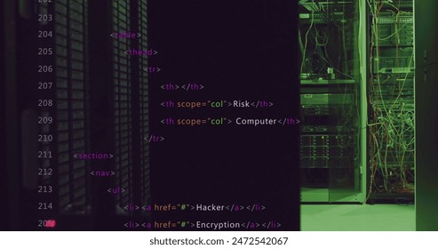 Lines of HTML code are overlaying server room with various networking equipment. The server room is dimly lit, highlighting complexity of the network infrastructure - Powered by Shutterstock - Get 15% off with code: PIKWIZARD15