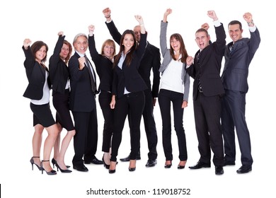 Lineup Of Diverse Professional Business Executives Or Partners Standing Relaxed In A Row Isolated On White