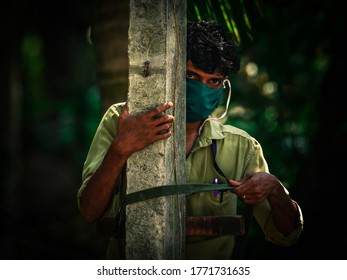 A Lineworker In Line Post Doing Outdoor Installation And Maintenance Job In Covid Period  With Safety Precautions. Shoot Date 16 April 2020, Location Alappuzha,kerala,India.