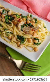 Linguine Pasta With Italian Chicken Sausage Chickpeas And Kale In A Creamy Ricotta Cheese Sauce