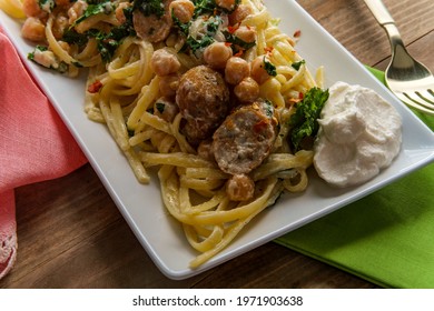 Linguine Pasta With Italian Chicken Sausage Chickpeas And Kale In A Creamy Ricotta Cheese Sauce