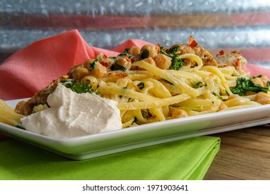 Linguine Pasta With Italian Chicken Sausage Chickpeas And Kale In A Creamy Ricotta Cheese Sauce