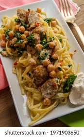 Linguine Pasta With Italian Chicken Sausage Chickpeas And Kale In A Creamy Ricotta Cheese Sauce